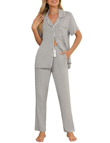 Senert Womens 2 Piece Pajamas Set Button Down Top and Pants Soft Sleepwear - color: Grey, size: Large