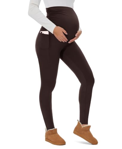 UBCUTE Women’s Maternity Fleece Lined Leggings with Pockets Warm Winter - color: Coffee, size: Large