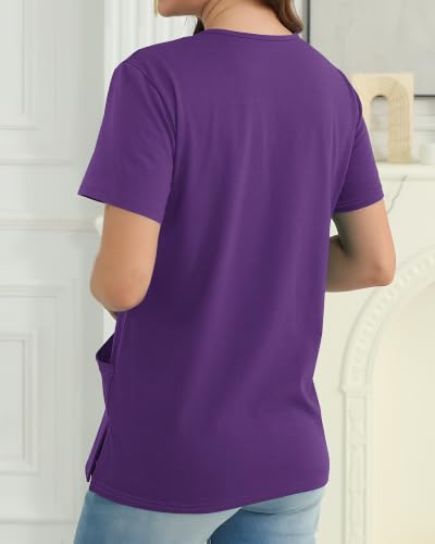 Womens Short Sleeve Tops V Neck T Shirts with 3 Pockets Tees - color: Dark Purple, size: Small