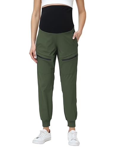 Foucome Women's Maternity Cargo Joggers with 4 Zipper Pockets - color: Army Green, size: Small