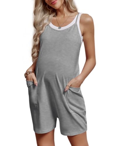 FMEYOA Maternity Romper Sleeveless Overall Shorts Jumpsuit with Pockets - color: Grey, size: Large