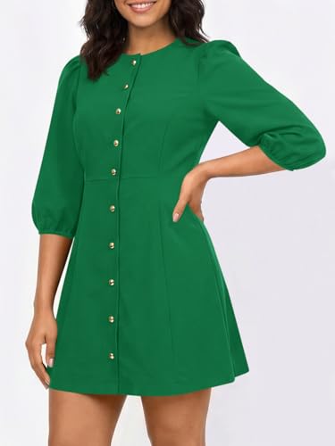 Wenrine Womens Work Mini Dress 3/4 Sleeve Button Down Business Dresses - color: Green, size: Medium