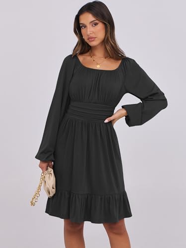 ANRABESS Women Long Lantern Sleeve Square Neck Fall Short Dress - color: Black, size: Small