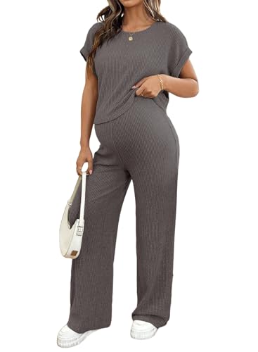 BLENCOT Maternity Sets Summer Ribbed Knit Pajamas Outfits - color: Grey, size: Large