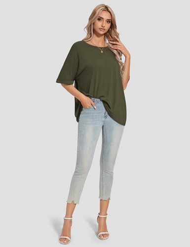 UEU Women's Oversized Crewneck T-Shirt Casual Loose Tunic Tops - color: Army Green, size: Medium