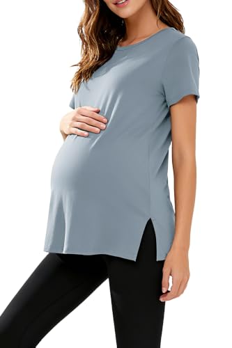 Women's Maternity Shirts Short Sleeve Split Hem Pregnancy Tops Clothes - color: Dusty Blue, size: Medium