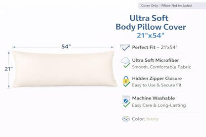 EVOLIVE Body Pillow Cover 21"x54", Microfiber, Hidden Zipper, (Ivory) - color: Ivory
