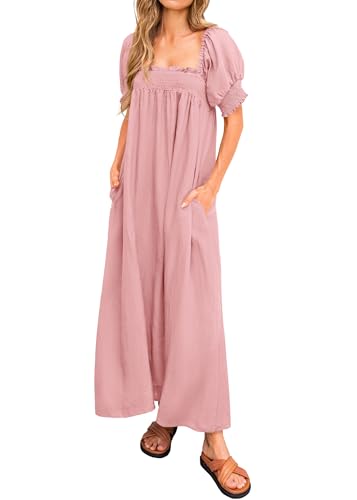 KIRUNDO Women Summer Maxi Dress Puff Sleeve Long Dresses - color: Bean Paste Pink, size: Medium