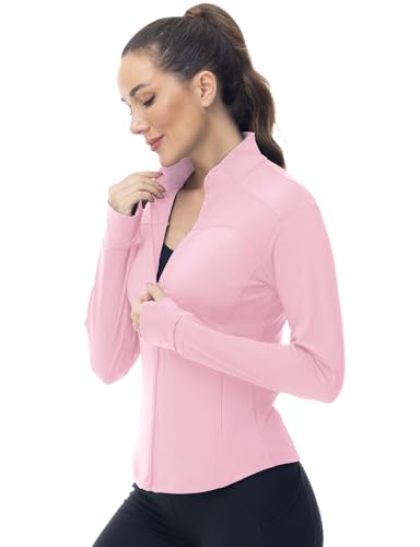 Gopune Women's Workout Athletic Jacket Lightweight Zip Up Yoga Slim Fit Tops with Pockets - color: Pink, size: Large