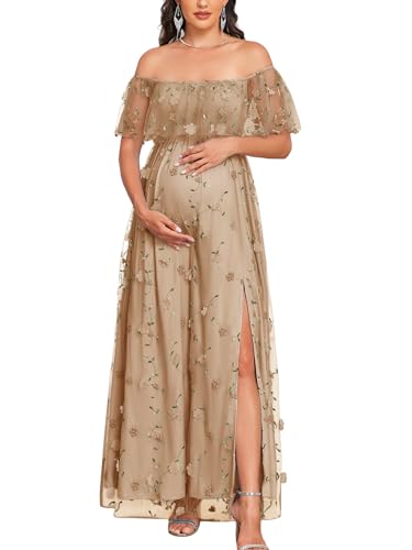 AISWI 3D Floral Maternity Dress Off Shoulder Mesh Ruffle Pregnancy Maxi Gown with Split Photoshoot Baby Shower Wedding - color: Khaki, size: Small