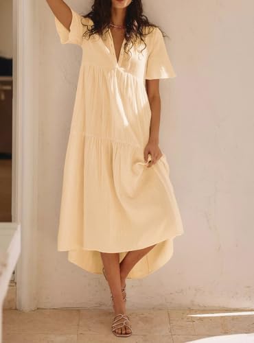 R.Vivimos Womens Summer Cotton Casual Flowy Maxi Dress - color: Beige, size: Small
