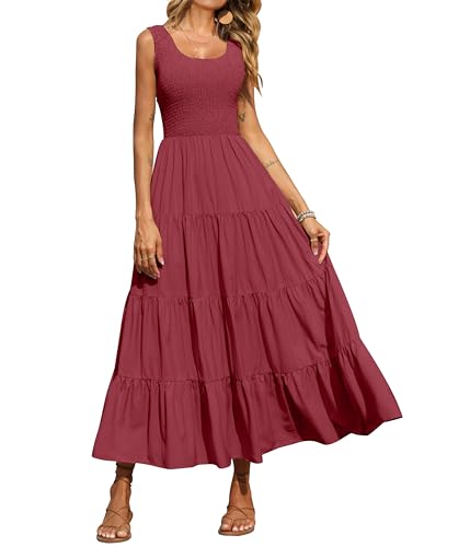 PRETTYGARDEN Women's Smocked Tank Casual Plain Maxi Sundress with Pockets - color: Bean Paste Red, size: Small