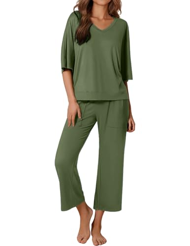 Ekouaer Lounge Sets for Women Comfy Pajamas Set 2 Piece Outfits - color: Army Green, size: X-Large