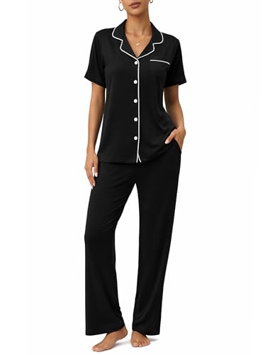 Womens Pajamas Sets 2 Piece Button Up Pj Sets Short Sleeve with Long Pant - color: Black, size: Small