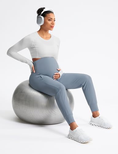 Mama Land Maternity Joggers Over Belly Pants with Zipper Pockets - color: Denim Blue, size: Medium
