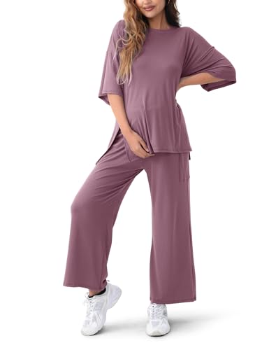 Maternity Lounge Set, 2 Piece Matching Set with Wide Leg Pants - color: Purple, size: Small
