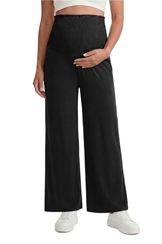 OUGES Womens Lyocell Cotton Maternity Pants Over Belly Smocked Waist Stretchy Casual Wide Leg Palazzo Pants with Pockets - color: Black, size: Large