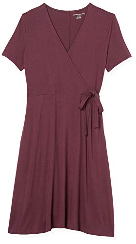 Amazon Essentials Women's Short Sleeve V Neck Faux-Wrap Dress, Fitted - color: Burgundy, size: Medium