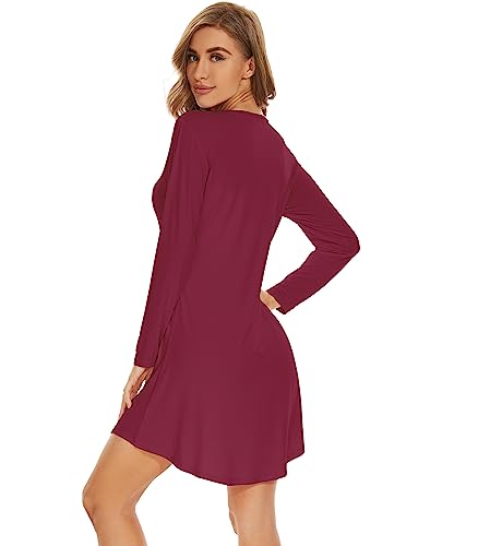 WiWi Women's Viscose from Bamboo Nightgown Long Sleeve Nightshirt Soft Sleep Dress Loose Comfy Pajama Sleepwear S-XXL - color: A-wine, size: X-Large