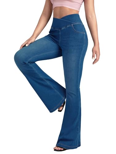 BlueRose Flare Jean for Women,Bell Bottom Jeans for Women Knit Crossover High Waisted Bootcut Jean - color: Dark Blue, size: X-Small