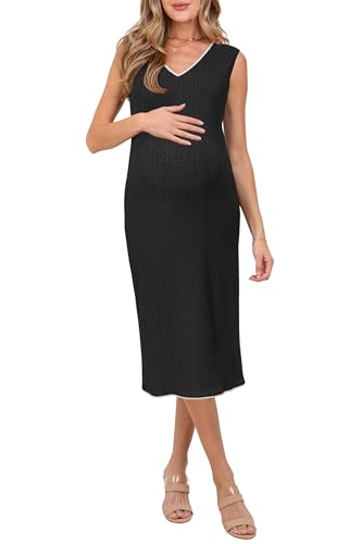 OUGES Women's Sleeveless V Neck Bodycon Casual Maternity Midi Dress - color: Black, size: Medium