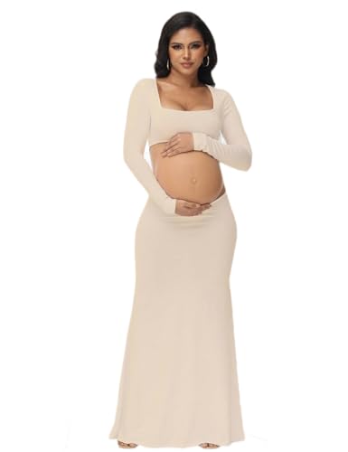 Women's Maternity Elegant Fitted Maxi Dress for Photoshoot - color: Beige, size: Medium