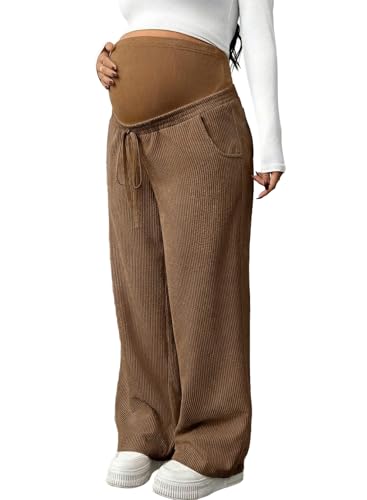 BLENCOT Maternity Pants Over Belly Wide Leg Pregnancy Casual Sweatpants - color: Coffee, size: Medium