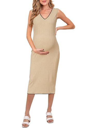 OUGES Women's Sleeveless V Neck Bodycon Casual Maternity Midi Dress - color: Khaki, size: Medium