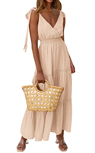 PRETTYGARDEN Women's Cross Neck Summer Sleeveless Tiered Maxi Dress Beach Tie Strap Smocked Long Dresses Pleated Sundress - color: Apricot, size: Small