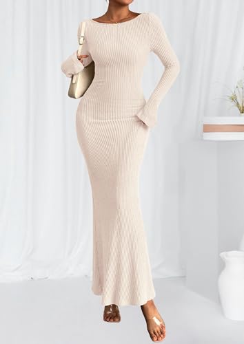 PRETTYGARDEN Women's Fall Long Sleeve Bodycon Maxi Dresses - color: Beige, size: Medium