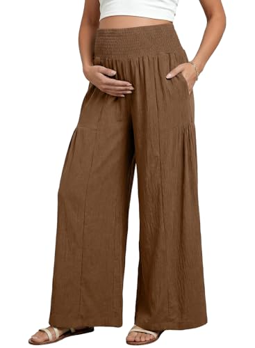BLENCOT Maternity Smocked Waist Palazzo Pants Wide Leg Casual Trousers - color: Brown, size: X-Large