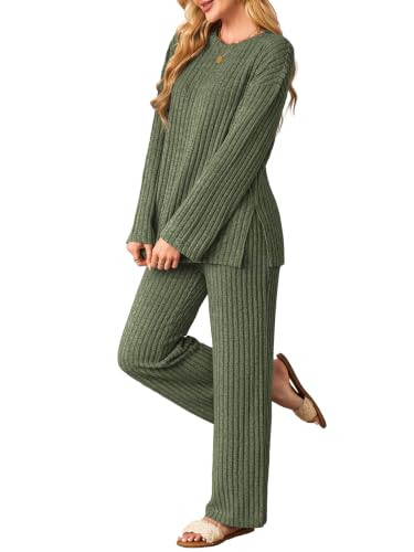 Kikibell Womens Sets 2 Piece Outfits Matching Lounge Set Cozy Knit Pajamas - color: Army Green, size: Medium