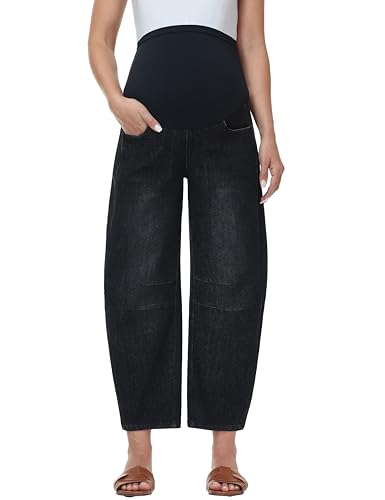 Maternity Barrel Jeans Wide Leg Denim Pants - color: Washed Black, size: X-Large
