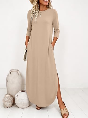ANRABESS Women’s Air Layer 3/4 Sleeve Fall Maxi Dress & Pockets - color: Almond, size: Medium