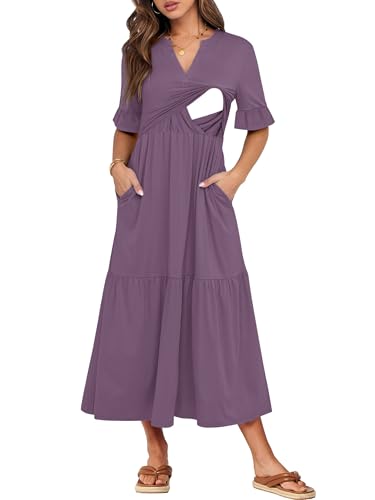 CzzzyL Womens Nursing Dresses Ruffle Sleeve V Neck Tiered with Pockets - color: Purple, size: Small