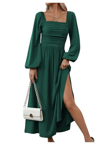 Floerns Women's Square Neck Lantern Long Sleeve Split Ruched Midi Dresses - color: Dark Green, size: Small