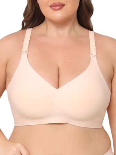 Jelly Support Wireless Nursing Bra V Neck Front Easy Open Clips Maternity Breastfeeding Bralette - color: Beige, size: Large