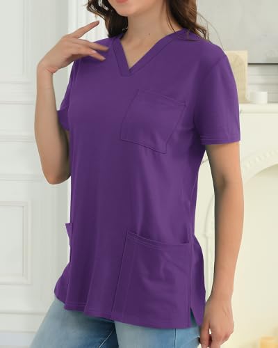 Womens Short Sleeve Tops V Neck T Shirts with 3 Pockets Tees - color: Dark Purple, size: Small