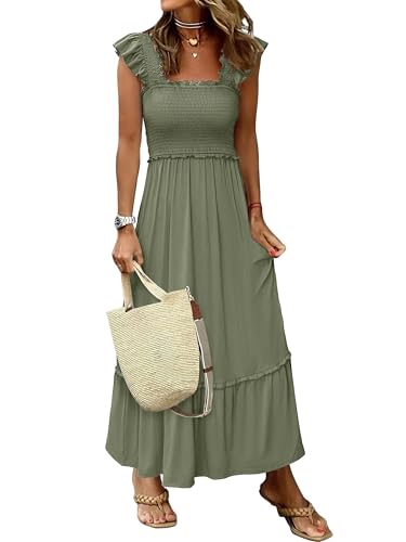 ANRABESS Womens Summer Sleeveless Maxi Dress Square Neck Smocked Boho Casual Ruffle Strap Flowy A-Line Long Beach Sundress - color: Olive, size: Medium