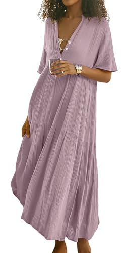 R.Vivimos Womens Summer Cotton Casual Flowy Maxi Dress - color: Dusty Purple, size: Medium