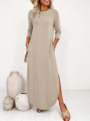 ANRABESS Women’s Air Layer 3/4 Sleeve Fall Maxi Dress & Pockets - color: Beige Grey, size: XX-Large