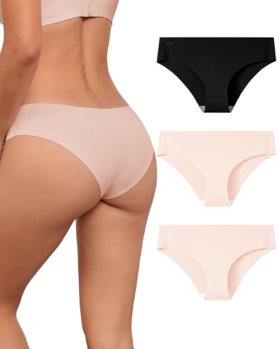 Ubras Seamless Underwear For Women, Bikini Underwear No Show Hipster Pack - color: Black + Nude (3 Pack), size: Medium