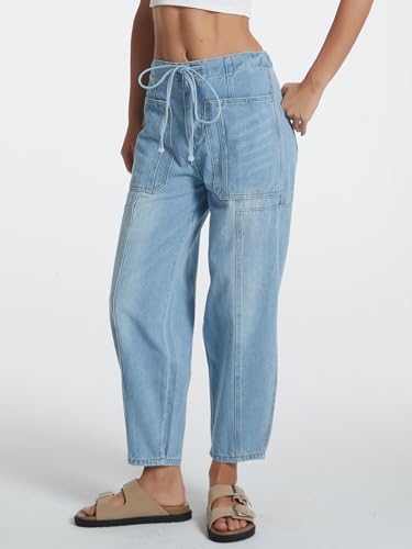 Drawstring Barrel Jeans for Women Elastic Waist Baggy Wide Leg Denim Pants - color: Light Blue, size: Medium