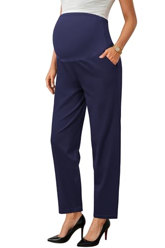 OUGES Women's Over Belly Straight Leg Maternity Pants with Pockets - color: Navy, size: Medium