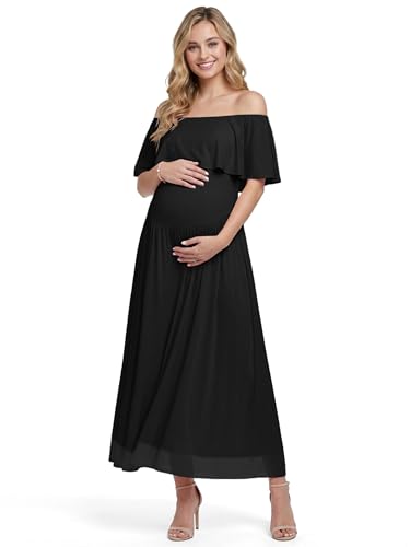 Baby Shower Dresses for Mom to Be Women Off Shoulder Ruffled Maxi Pregnant Dress Maternity Gown for Photoshoot - color: Black, size: X-Large