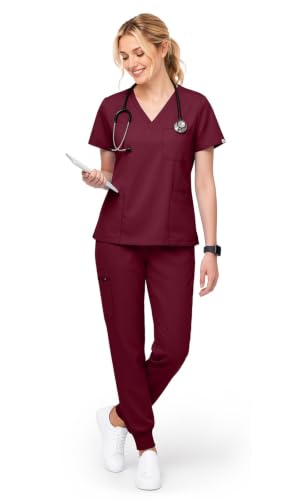 Scrubs for Women Set, V-Neck Top & Jogger Pants - color: Burgundy, size: Medium