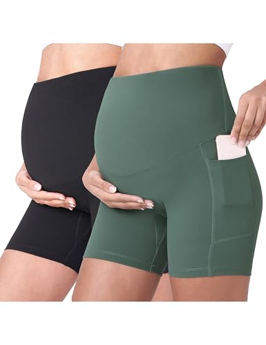 POSHDIVAH Maternity Biker Shorts Over the Belly with Pockets 5"/8" - color: Black Crab Green, size: Medium