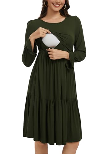 Smallshow Women's Ruffle Maternity Nursing Dress Long Sleeve - color: Army Green, size: XX-Large