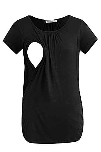 Smallshow Women's Nursing Tops Ruched Short Sleeve Breastfeeding Shirts 3-Pack - color: Black-deep Grey-teal, size: Medium