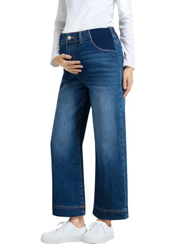 BLENCOT Women's Maternity Jeans High Waisted Wide Leg Pregnancy Pants - color: Dark Blue, size: Large